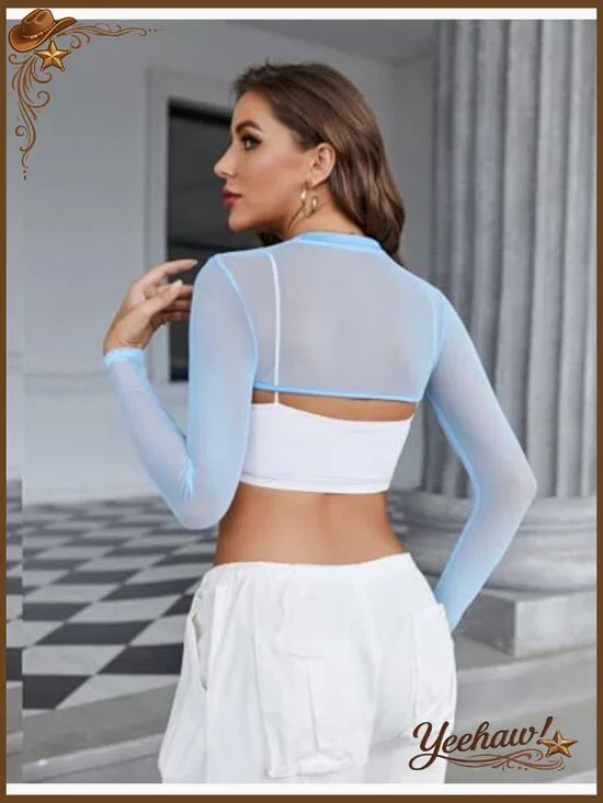 Long Sleeve Mesh Crop Top Mock Neck Slim Fit See Through Clubwear - Picture 2 of 7